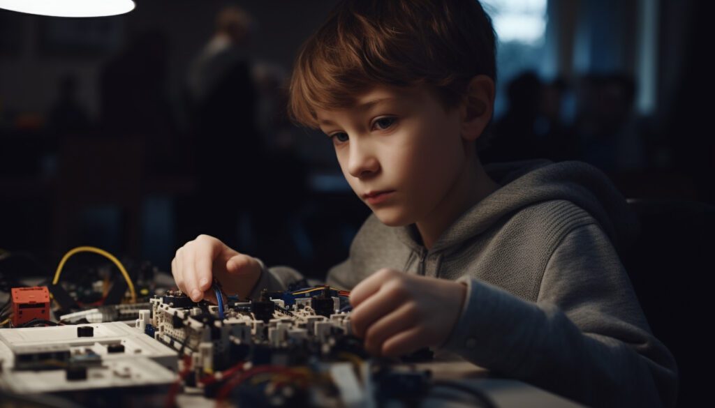 Cute Caucasian boys repairing equipment with technology generated by artificial intelligence